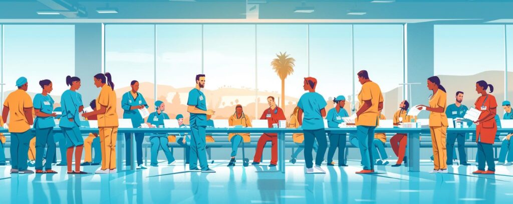 Healthcare professionals in a hospital meeting room with a large window view of a sunny landscape.