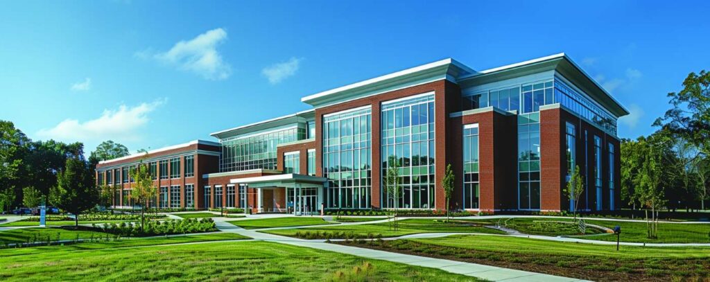 Modern brick and glass building with large windows, surrounded by landscaped lawns and trees under a blue sky.