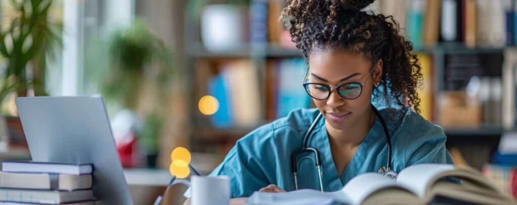 A focused woman in scrubs studies at a desk with a laptop and books in a library setting.