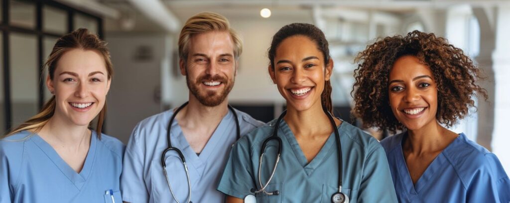 Four smiling healthcare professionals wearing scrubs and stethoscopes stand together in a well-lit room.