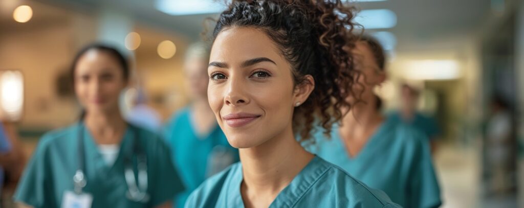 A smiling healthcare worker in scrubs stands in focus, with medical staff in the blurred background.