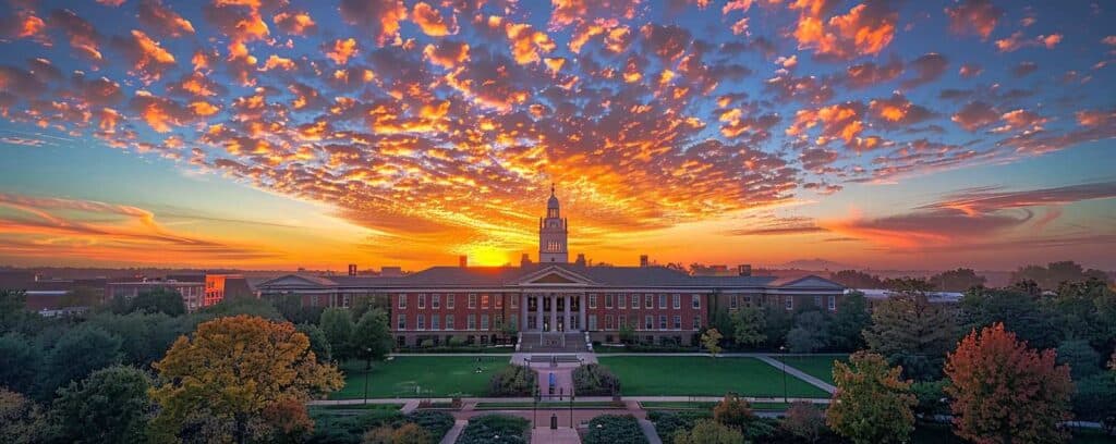 A majestic building with a clock tower at sunset, surrounded by trees and a colorful, dramatic sky.