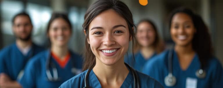 A smiling group of diverse medical professionals in scrubs with stethoscopes, focused on one woman at the front.