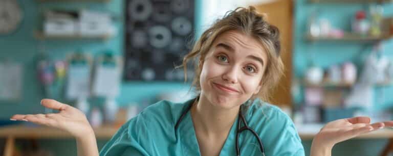 A doctor in scrubs shrugs with a playful expression, standing in a brightly lit medical office.