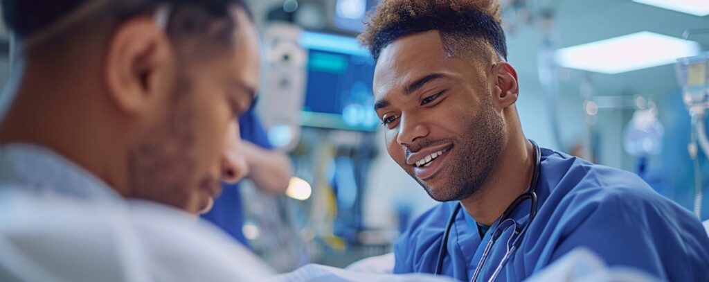 Medical professional in scrubs smiles and talks to a patient in a hospital room.