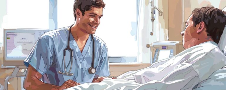 A smiling healthcare worker in scrubs talks to a patient lying in a hospital bed with medical equipment nearby.