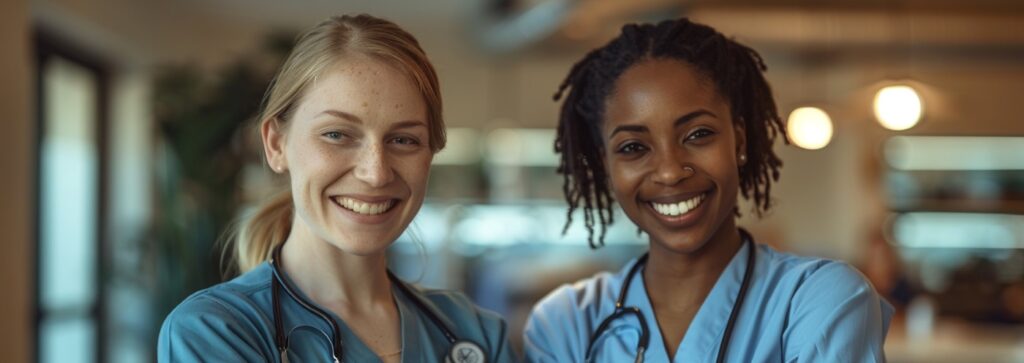 Two smiling healthcare professionals in scrubs stand together indoors.