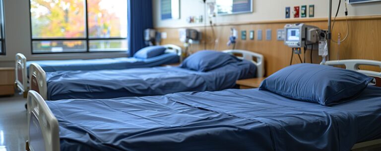 Three empty hospital beds with blue sheets in a well-lit room, featuring medical equipment on the walls.