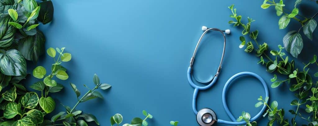 Stethoscope on a blue background surrounded by green leafy plants.