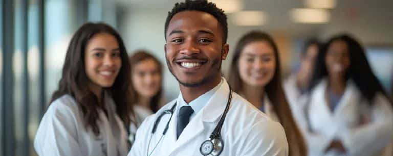 A smiling doctor with a stethoscope stands in front of four colleagues in white coats.