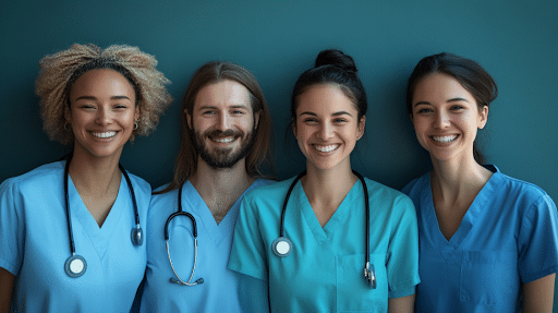 Four smiling healthcare professionals in scrubs with stethoscopes, standing against a teal background.