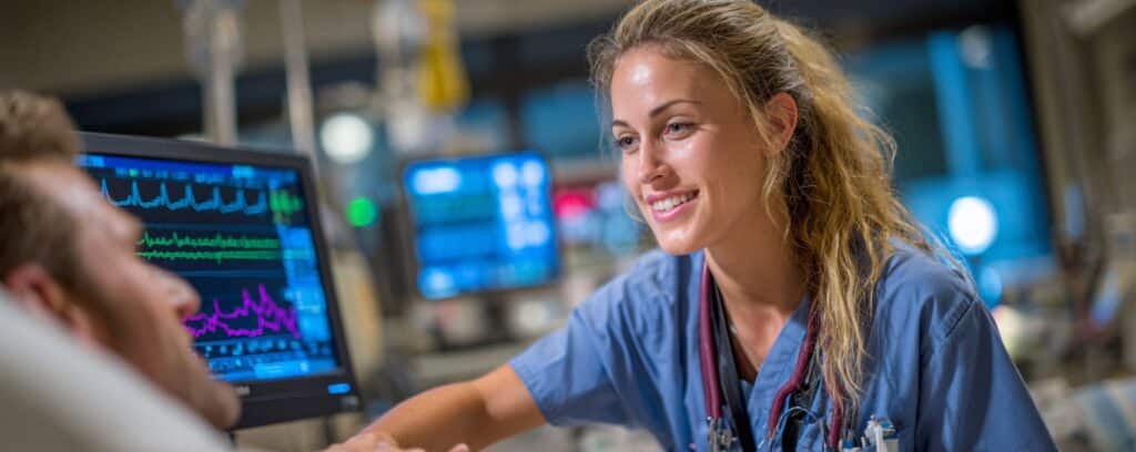Smiling nurse in scrubs talks to a patient in a hospital room with medical monitors in the background.